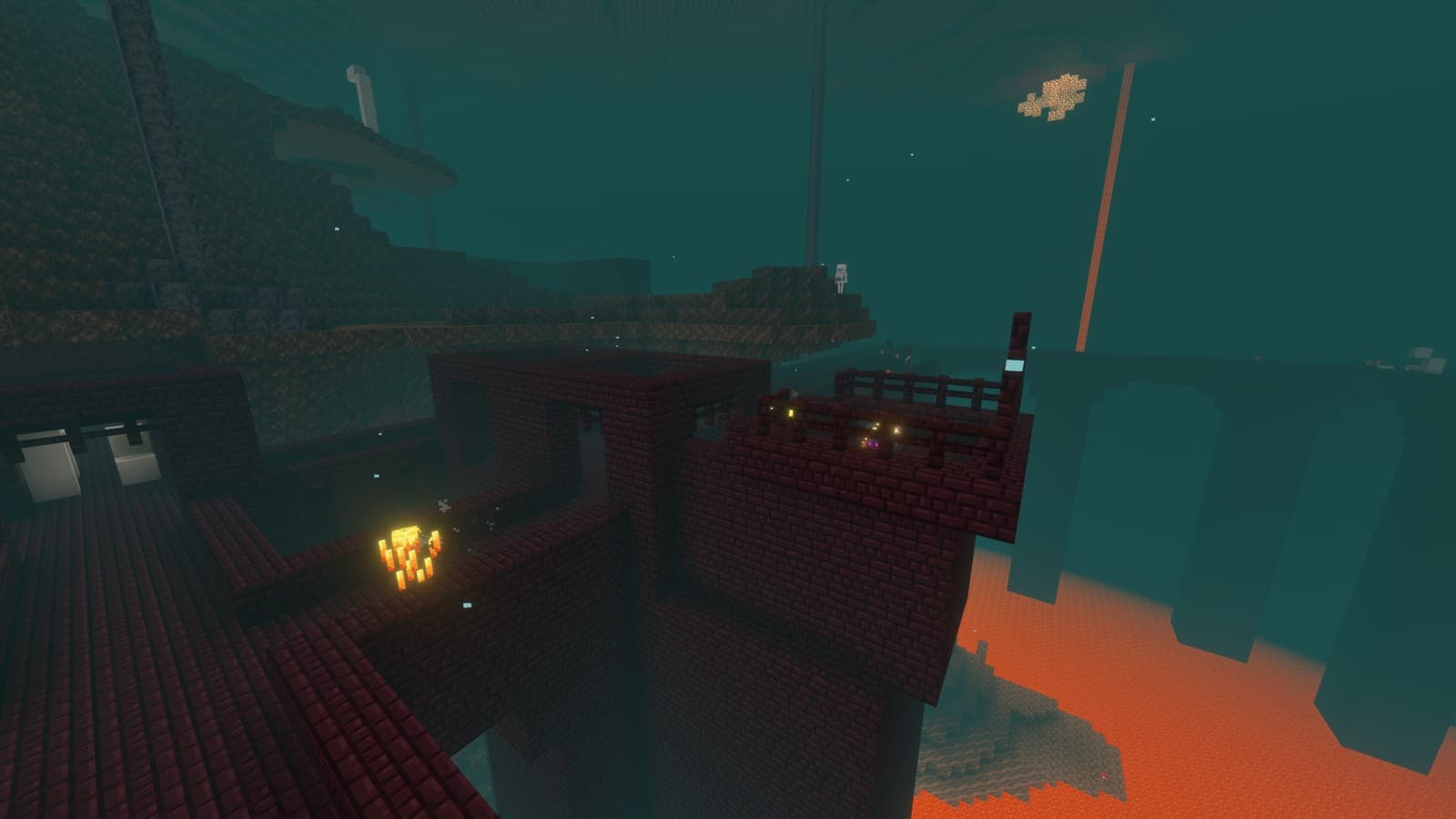 Forteresse du Nether avec ses ponts en briques du Nether au-dessus d’un océan de lave