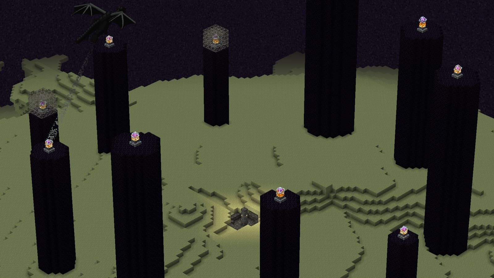 L’île centrale de l’End avec l’Ender Dragon qui vole autour des piliers d’obsidienne
