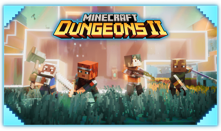 Quatre héros armés de Minecraft Dungeons II dans les hautes herbes devant des structures lumineuses