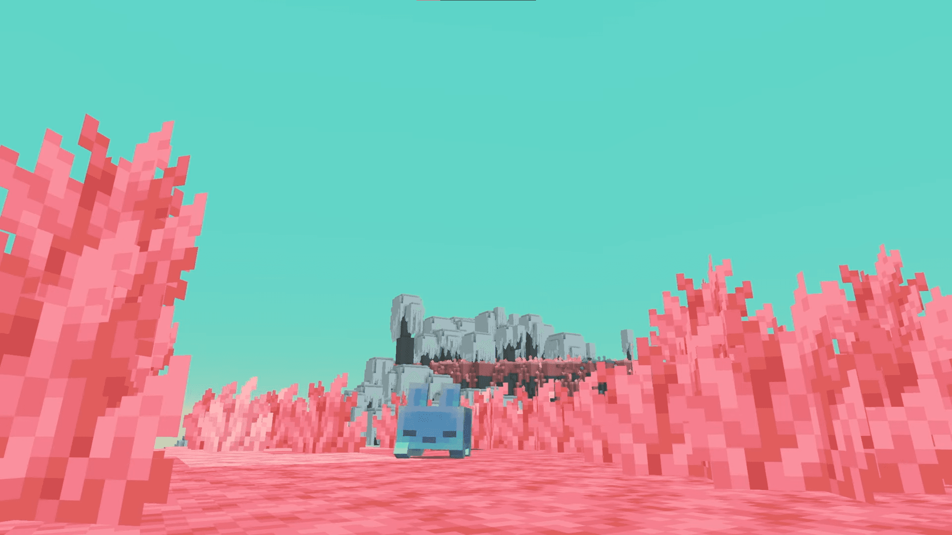 Paysage du Sift, la nouvelle dimension de Minecraft, avec un Blub au premier plan