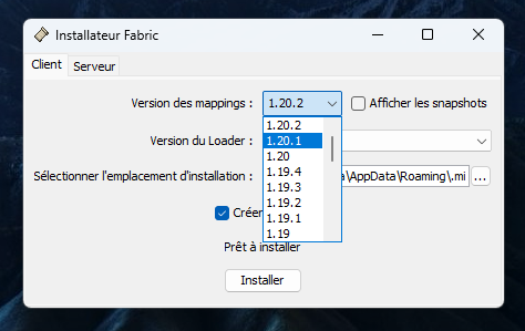 Boite de dialogue Fabric