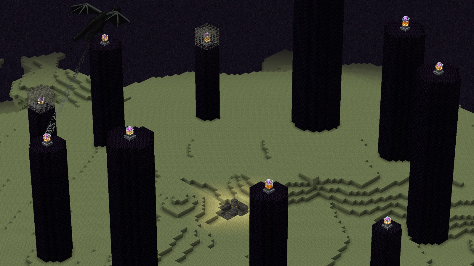 L’île centrale de l’End avec l’Ender Dragon qui vole autour des piliers d’obsidienne