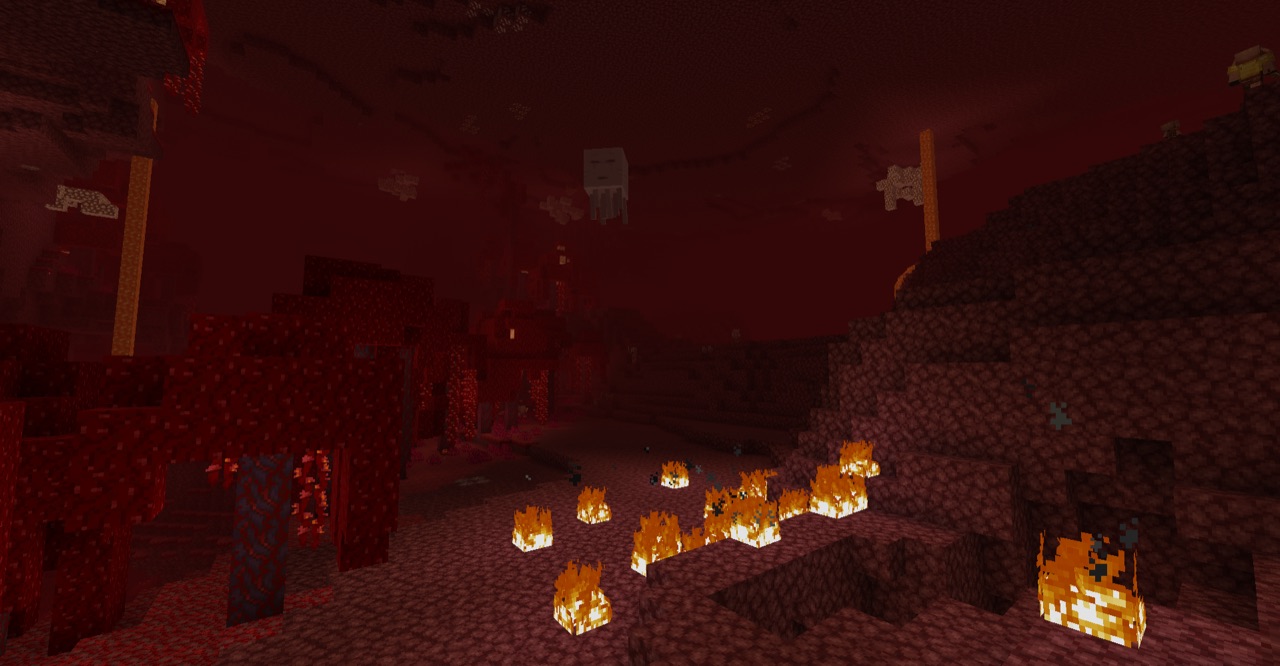 Forêt carmin et terres désolées du Nether avec un ghast au loin