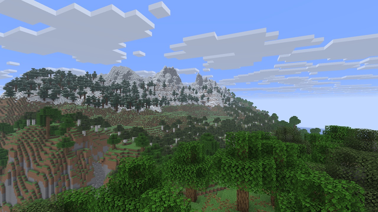 Forêt et chaîne de montagnes dans l’Overworld de Minecraft