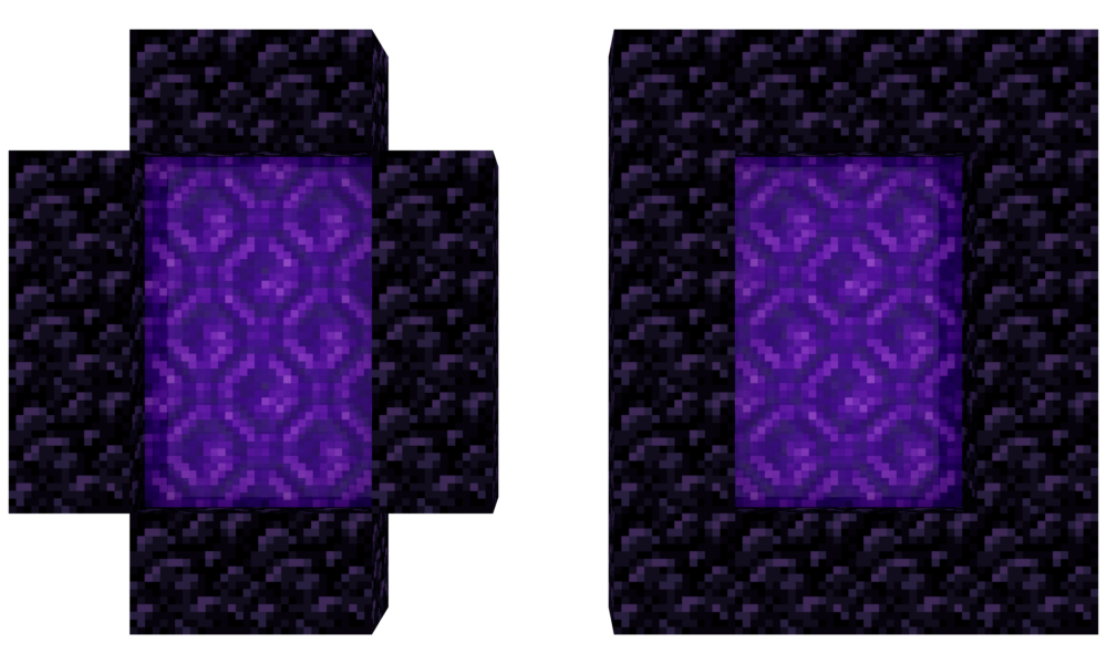 Portail du Nether économique sans coins (à gauche) et portail complet (à droite)