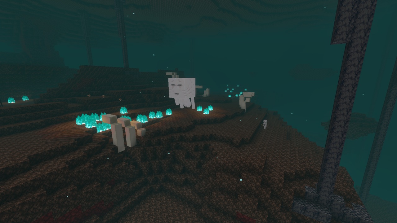 Vallée des âmes du Nether, avec son brouillard bleu et ses fossiles