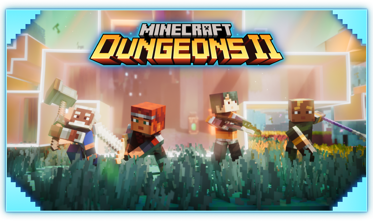 Quatre héros armés de Minecraft Dungeons II dans les hautes herbes devant des structures lumineuses